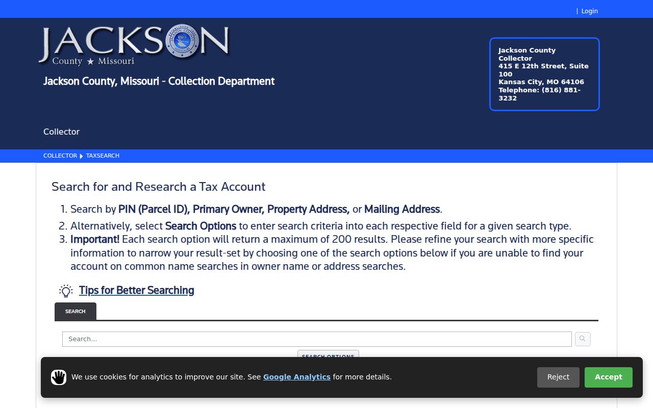 Raytown street directory Jackson County tax search address fields