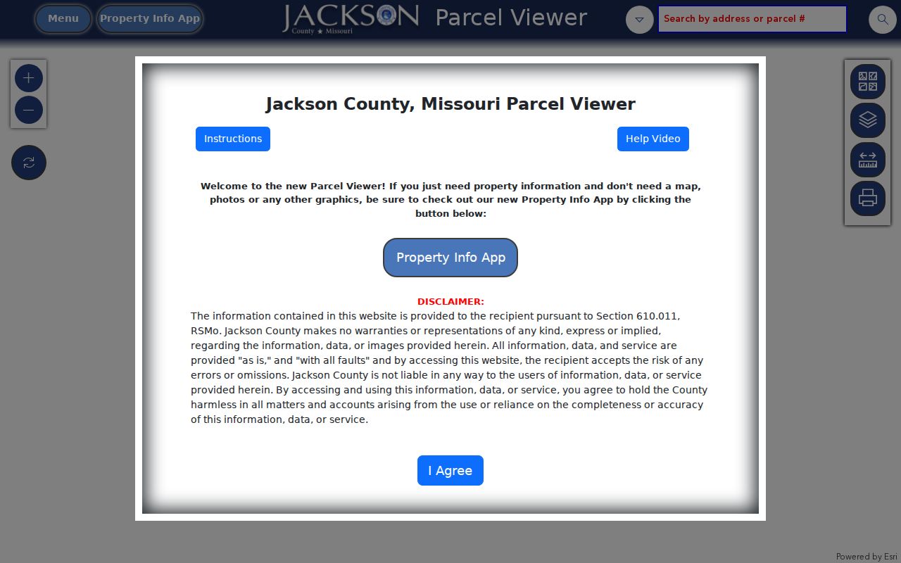 Raytown street directory Jackson County GIS Parcel Viewer search screen